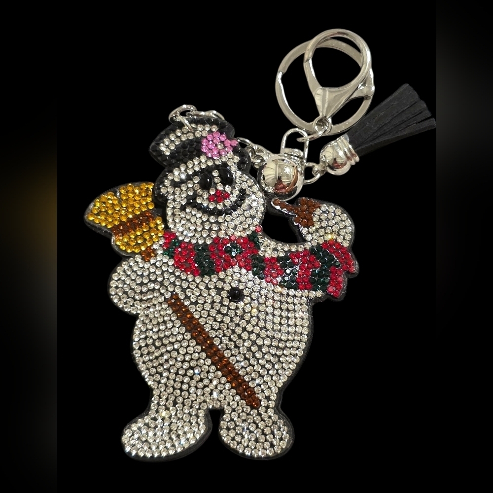 Festive Frosty Snowman Rhinestone Bag Charm Keychain
